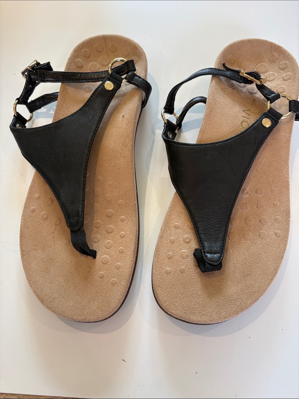 Vionic Black T-Strap Sandals with Tan Footbed